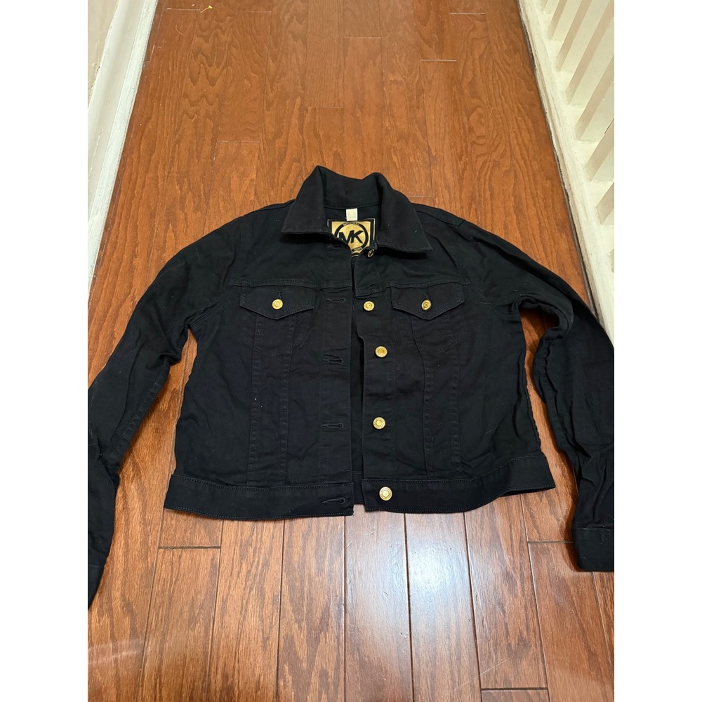 Michael Michael Kors Black Denim Jacket Gold Hardware Trucker MK Logo Womens M